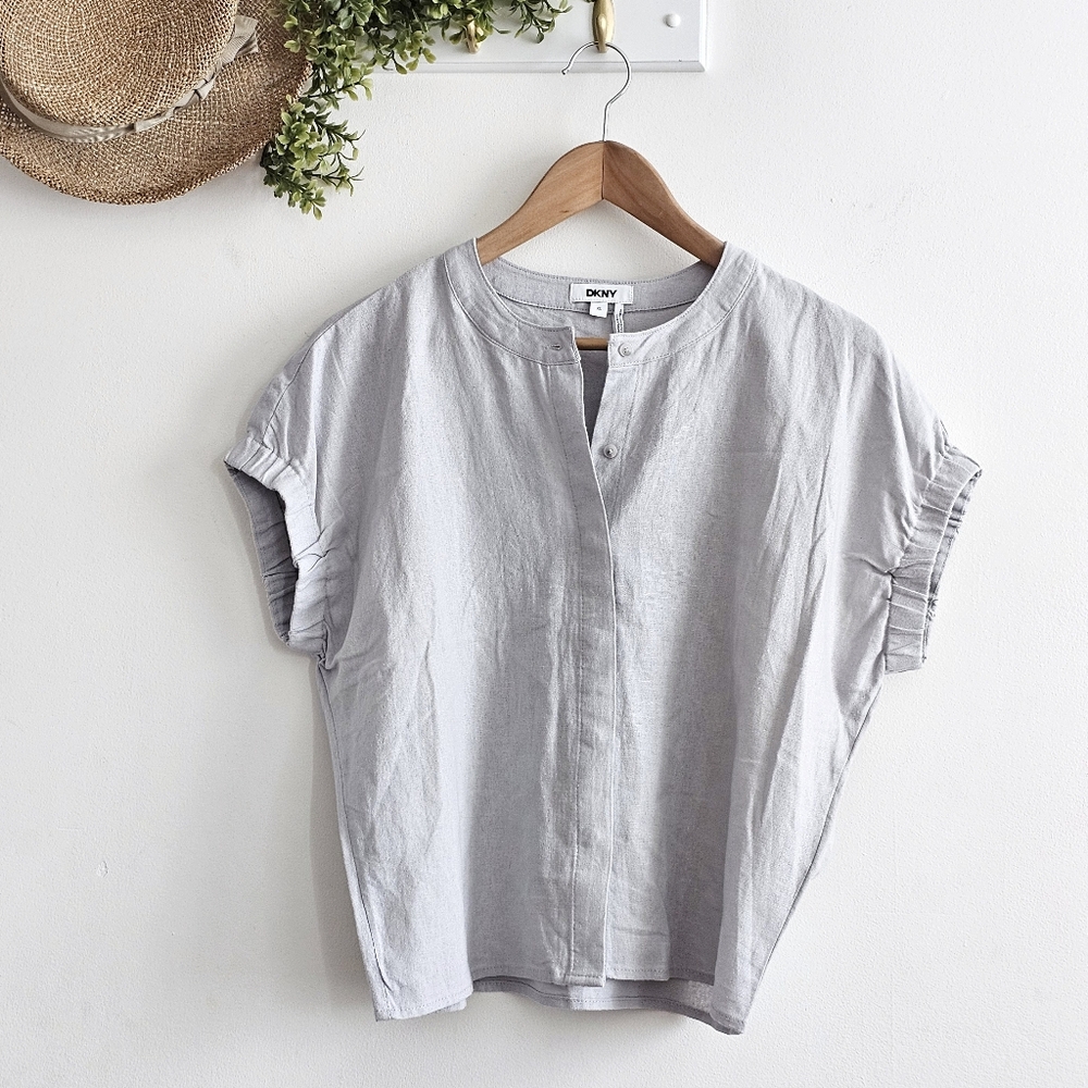 DKNY Elastic Cuff Linen Blend Button Up Shirt Gray XS Short Sleeve Dolman